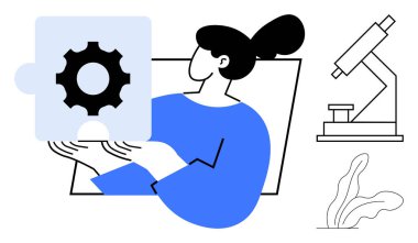 Dişi karakter bulmaca parçasını dişli tutuyor, yenilik ve analizi temsil ediyor, mikroskop ve bitki eşliğinde. Yaratıcılık, araştırma, takım çalışması, üretkenlik ve problem çözme için ideal