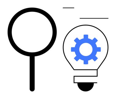 Büyüteç, keşif, analiz ve yenilik için gerekli donanıma sahip bir ampulle aynı hizada. Yaratıcılık, problem çözme, araştırma, fikirler, teknoloji stratejisi eğitimi için idealdir. Basit.