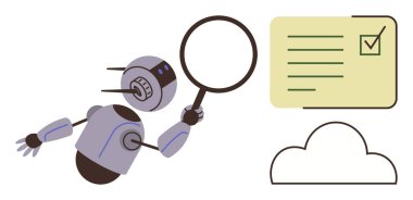 Robot, bulut simgesi yakınlarındaki kontrol listesini incelemek için büyüteç kullanıyor. Veri incelemesi ve teknoloji kullanımını temsil ediyor. Otomasyon, yapay zeka, bulut hesaplama, veri analizi, kalite kontrolü, yenilik için ideal