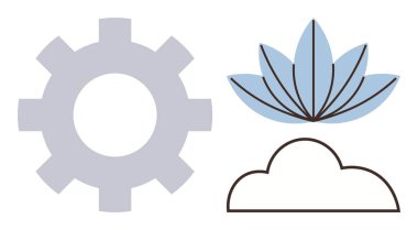 Minimalist dizaynda vites, bulut ve stilize lotus. Yenilik için ideal, teknoloji, doğa dengesi, bulut hesaplama, yaratıcılık, üretkenlik sürdürülebilirlik basit düz metafor