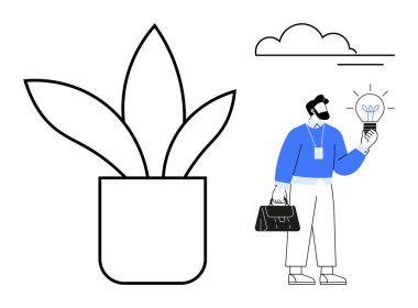 Bitki resimlerinin yanında çanta taşırken elinde ampul tutan bir iş adamı. Yenilik için ideal, sürdürülebilirlik, büyüme, iş, yaratıcılık, çevre dostu fikirler, minimal düz metafor