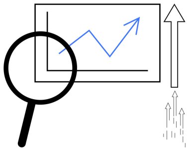 Büyütücü cam, büyümeyi, ilerlemeyi ve başarıyı simgeleyen oklarla yukarı bakan bir çerçevede grafiği analiz ediyor. Analiz, finans, strateji, araştırma, iş, basit düz metafor planlama için ideal