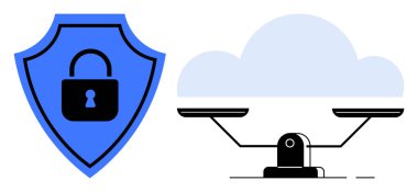 Mavi kalkanlı kilit, bulut ve ölçekte güvenliğin yanında, denge ve veri korumasını simgeliyor. Gizlilik, güvenlik, teknoloji, adalet, bulut hesaplama, siber güvenlik, dijital