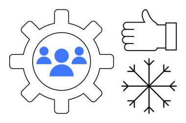 Takım ikonları, baş parmaklar yukarı ve kar taneleri verimliliği, takım çalışmasını, işlem yönetimini, yeniliği, onayı, organizasyonu sembolize ediyor. İş akışı iletişimi verimliliği için ideal