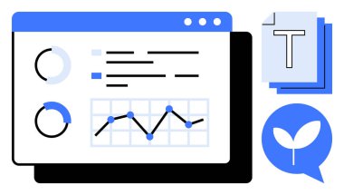 Analitik gösterge paneli, grafikler, pasta grafikleri ve büyüme ikonu. Metin belgesi ve sohbet baloncuğu içerik yönetimi ve takım çalışmasına vurgu yapar. Analiz, raporlar, araştırma, yönetim için ideal