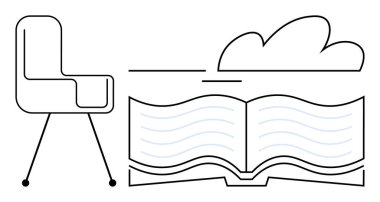 Minimalist açık kitap, modern sandalye ve bulut elementinin yanı sıra okuma, öğrenme, yaratıcılık ve rahatlama temalarını çağrıştırıyor. Eğitim, eğitim, iş hayatı dengesi ve öğrenme kaynakları için ideal