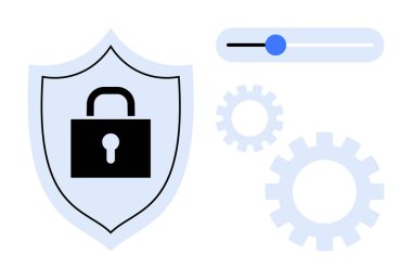 Kilit simgesi, dişli mekanizması ve koruma, güvenlik ve teknoloji kavramlarını gösteren kaydırma arayüzlü kalkan. Veri güvenliği, bilişim sistemleri, şifreleme, gizlilik erişimi denetimi için ideal