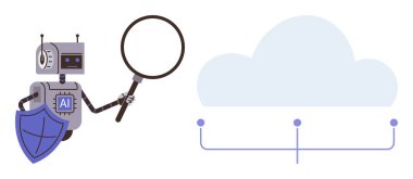 Robot elinde büyüteç, bağlantı noktalarıyla bulut deposunu inceliyor. Yapay zeka, veri güvenliği, bulut bilgisayarı, teknoloji, analiz, makine eğitimi, siber güvenlik için idealdir. Basit düz