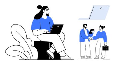 Dizüstü bilgisayarlı bir kadın, evrak çantası ve klasörle el sıkışan iki profesyonel ve minimal bir dizüstü bilgisayar. Takım çalışması, uzaktan çalışma, profesyonellik, işbirliği, kariyer büyümesi için ideal