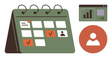 İşaretli olaylarla dolu yeşil takvim, çubuk grafikli analiz paneli ve kullanıcı profili simgesi. Zaman yönetimi, verimlilik, iş akışı, planlama, analiz işleri ve verimlilik için ideal. Basit.