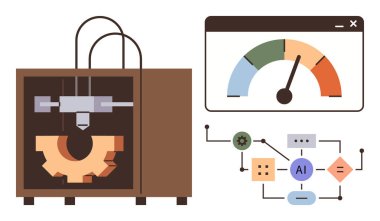 3D yazıcı tasarım nesnesi, performans göstergesi, yapay zeka ile çalışan işlem diyagramı. Teknoloji için ideal, yapay zeka yeniliği, imalat, otomasyon, dijital dönüşüm, basit mühendislik düzlüğü