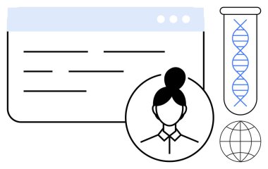 Tarayıcı pencereli soyut kompozisyon, DNA sarmalı test tüpü, kadın profili ve dünya. Araştırma, bilim, kişiselleştirme, biyoteknoloji, yenilik eğitimi ve kullanıcı verileri için ideal