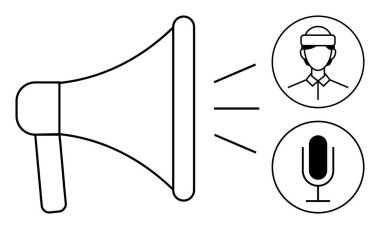 Hoparlör, mikrofon ve kullanıcı simgelerinin yanında ses dalgaları yayıyor. İletişim, pazarlama, reklam, medya, topluluk önünde konuşma, seyirci bağlılığı, ses asistanı kavramları için idealdir. Harika.