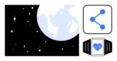 Uzayda dünya, kalp monitörüyle ikon paylaşımı ve akıllı seğirme teknolojiyi, bağlantıyı, sağlığı sembolize eder. Teknolojik yenilik, sağlık izleme, küresel ulaşım, bağlantı veri paylaşımı için ideal