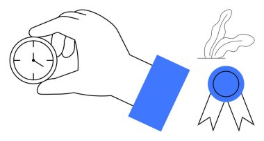 Kronometre, kurdele madalyası, zamanı, büyümeyi, mükemmelliği simgeleyen soyut yapraklar. Başarı, hedefler, ödüller, verimlilik zamanı yönetimi için ideal. Basit düz metafor