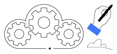 Üç birbirine kenetlenmiş dişli bulut ana hatları ve bir el kalem tutuyor, teknoloji ve yaratıcılığı birleştiriyor. Takım çalışması, üretkenlik, yaratıcılık, yenilik, süreç optimizasyonu, bulut