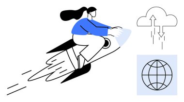 Yenilik ve gelişmeyi simgeleyen bir roketin üzerinde hareket eden kadın. Ek unsurlar arasında bulut yükleme ve küresel ağ simgeleri yer alıyor. Teknoloji, büyüme, girişim, başarı ve küresel erişim için ideal