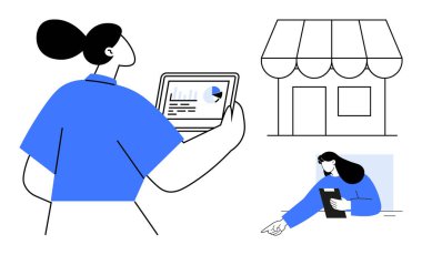 Tableti elinde tutan kişi, veri tablosu, vitrin simgesi, iş arkadaşı. İş, teknoloji, perakende, analitik, takım çalışması, strateji sade iniş sayfası için ideal