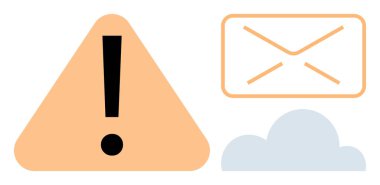 Uyarı sembolü bir zarf ve bulut grafiği ile eşleştirilerek, e-posta iletişiminde uyarı iletiliyor. Siber güvenlik, spam, e-posta yönetimi, e-posta güvenliği, tehdit algılama, güvenli mesajlaşma için ideal