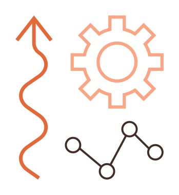 Ok eğri, dişli tekerlek ve birbirine bağlı nokta çizgisi grafiğiyle yükseliyor. Yenilik, süreç, analitik, strateji, üretkenlik teknolojisi ve ilerleme kavramları için idealdir. Basit düz metafor