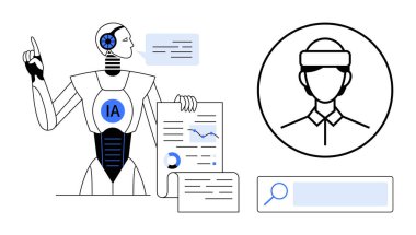 Robot raporları çizelgeler, konuşma arayüzü ve kimlik araması ile analiz ediyor. Yapay zeka, teknoloji araçları, sanal asistanlar, makine eğitimi, veri analizi, basit iniş sayfası için ideal