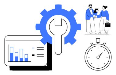 Analitik gösterge paneli, kronometre ve profesyonellerin el sıkıştığı bir dişlinin içine gir. Takım çalışması, süreç iyileştirmesi, proje planlaması, zaman yönetimi, veri analizi, işbirliği için ideal