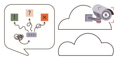 Konuşma balonu karışık hatlar, seçenekler, X, güvenlik kamerası bulutlara odaklı. Sorun çözme, karar verme, bulut depolama, veri koruma yönlendirmesi için ideal basit bir siber güvenlik dairesi