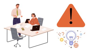 İki iş arkadaşı bir ofis masasında laptoplar, belgeler ve bir tabletle iş birliği yapıyor. Uyarı üçgeni ve yakındaki ampul çizimi. Yenilik için ideal, takım çalışması, analiz, planlama, fikirler