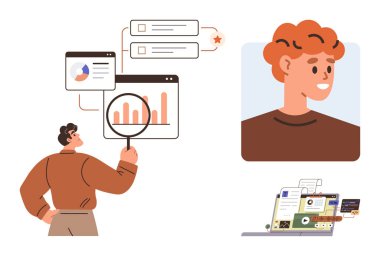 Büyüteç, kullanıcı profili görüntüsü, çeşitli uygulamalı dizüstü bilgisayar kullanarak grafikleri ve kullanıcı verilerini analiz et. İş analizleri, kullanıcı araştırmaları, takım çalışması, veri görselleştirmesi, teknolojik araçlar için ideal