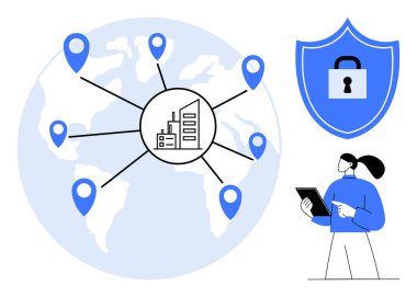 Bağlı iş yerleri olan dünya haritası, güvenlik kilidi olan kalkan simgesi, profesyonel tutucu tableti. Siber güvenlik, küresel kuruluş, veri koruması, lojistik, teknoloji ve bilişim için ideal