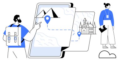 Sırt çantalı bir adam dijital bir haritaya bakıyor. Dağlar ve kaleler de dahil olmak üzere varış noktalarını gösteriyor. Elinde defter tutan bir kadın. Seyahat, planlama, macera, keşif, navigasyon ve turizm için ideal