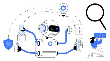 Robot, DNA analizini ve insan işbirliği, büyüteç, parmak izi kalkanı ve fikir ampulü ile programlamayı onaylıyor. AI, araştırma, teknoloji, bilim ve programlama için ideal