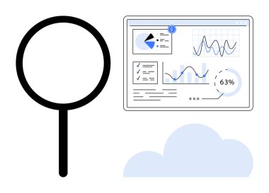 Bulut ve analiz panelinin yanında büyüteç, grafikler, çizelgeler, raporlar. Veri analizi, bulut hesaplama, iş anlayışı, büyüme izleme, araştırma, dijital izleme için ideal