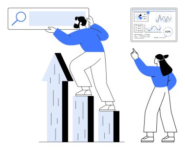 Çubuklara tırmanarak, büyüme stratejilerini, veri analiz ekranını ve arama çubuğuna bağlanmayı sergileyerek işbirliği yapan bireyler. Strateji, takım çalışması, büyüme, araştırma ve analitik için ideal