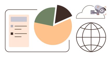 Pasta grafiği bir veri tablosu, güvenlik kamerası, bulut depolama ve küresel ağ sembolü ile eşleştirildi. Veri güvenliği, analitik, küresel erişim, uzaktan erişim, bulut için ideal