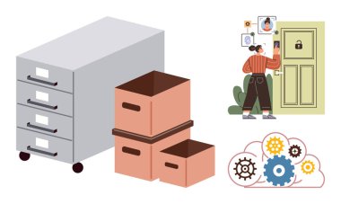 Dosya dolapları ve kutular depolama için, dijital kimlik doğrulamalı güvenli bir kapıya erişen bir kişi ve vitesli bir bulut çalışma sistemi. Veri güvenliği, iş akışı, mahremiyet, organizasyon için ideal