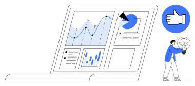 Dizüstü bilgisayar çizelgeleri, çizelgeleri, pasta grafiği ve işaret eden veri panelleri ve ampul tutan kişi. Analiz, beyin fırtınası, geri bildirim, iş, başarı ve yenilik için ideal
