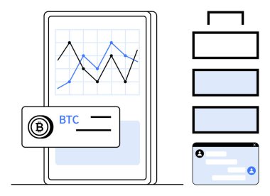 Bir grafik gösteren akıllı telefon ekranı, BTC etiketli kripto para birimi kartı, çalışma akış şeması ve sohbet programcığı. Finans, kripto izleme, fintech, veri görselleştirme, analitik UI tasarımı için ideal
