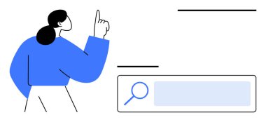 Mavi gömlekli bir kadın, Minimalist yerleşim yerindeki soyut bir arama barının yakınında el kaldırıyor. Arama kavramları, yenilik, teknoloji, soruşturma, problem çözme, kullanıcı arayüzü, basit iniş sayfası için ideal