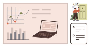 Trendleri ve bar çizelgeleri olan grafikler, veri gösteren bir dizüstü bilgisayar, kontrol listesi ve dijital kilidi güvence altına alan kişi. Veri güvenliği, analitik, planlama, araştırma, verimlilik gizlilik eğitimi için ideal