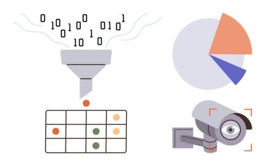 İkili veri bir huniye akıyor, organize bir ızgara grafiği oluşturuyor ve kamera gözetim ve analizi vurguluyor. Veri işleme, analitik, yapay zeka, gizlilik, güvenlik ve gözetim için ideal