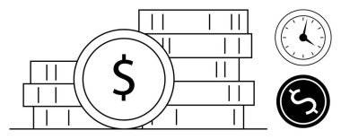 Yığınla bozuk para, bir dolar ve bir saat tasarruf, yatırım, kâr, ticaret, verimlilik ve zaman yönetimini ön plana çıkarıyor. Finans bankacılığı planlama ekonomi stratejisi verimliliği için ideal
