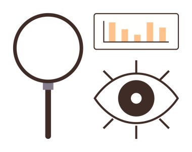 Büyüteç, ışınlı göz ve bar tablosu araştırmayı, analizi, araştırmayı, veri takibini ve içgörüyü vurguluyor. Çalışma için ideal, araştırma izleme bilgi görme stratejisi basit