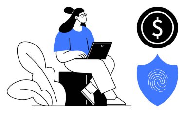 Dizüstü bilgisayar kullanan bir kadın, yanında bitki, dolar ve parmak izi kalkanı simgeleri finans, güvenlik ve teknolojiyi sembolize ediyor. Çevrimiçi ödeme, veri koruması, fintech, siber güvenlik dijital için ideal