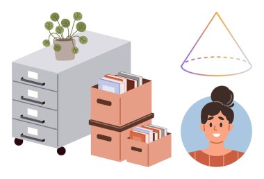 Ofis çekmecesi, istiflenmiş dosya kutuları, gülümseyen profesyonel, saksı bitkisi, soyut koni şekli. Ofis kurulumu, organizasyon, eğitim, geometri işyeri verimliliği için ideal insan kaynakları basit