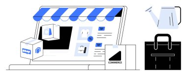 Mağaza vitrinli dizüstü bilgisayar, teslimat kutuları, alışveriş çantası ve e-ticaret ve perakende satış için çaydanlık. Çevrimiçi alışveriş, dağıtım hizmeti, iş büyümesi, e-ticaret, perakende dijital satış için ideal