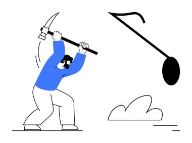 Kazma kullanan adam, dinamik hareket, minimalist tarzda soyut şekiller. Sıkı çalışma, madencilik, üretkenlik, emek, çaba, kararlılık ve basit iniş sayfası için ideal