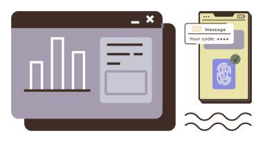 Biyometri ve kod doğrulamasını gösteren bir telefonun yanında bir veri gösterge panelinin üzerindeki çubuk çizelgesi. Güvenlik, analiz, teknoloji, fintech, mahremiyet, dijital çözümler, güvenilirlik için ideal. Basit düz