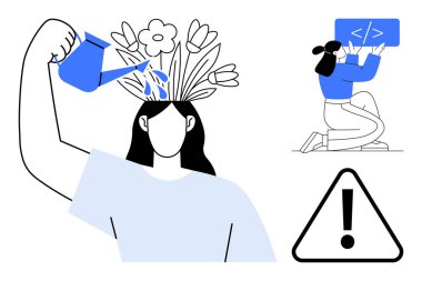 Kadın fikirlerini suluyor, ekranda kişisel kodlama, uyarı işareti. Yaratıcılık, kişisel gelişim, eğitim, teknoloji, yenilik için ideal, problem çözen basit iniş sayfası