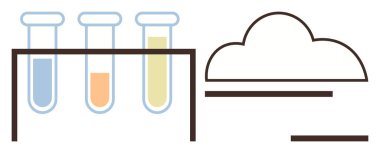 Asgari bulut çizgilerine bağlı bir rafta turuncu, mavi ve sarı sıvılar içeren üç test tüpü. Yenilik, teknoloji, veri depolama, araştırma, bulut hesaplama, sürdürülebilirlik için ideal